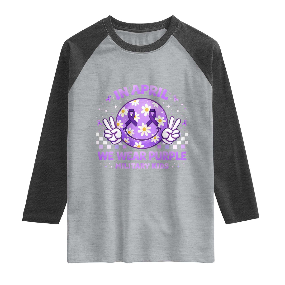 Proud Military Kids Raglan Shirt Groovy Smile Face In April We Wear Purple Military Child Month TS10 Heather Gray Heather Charcoal Print Your Wear