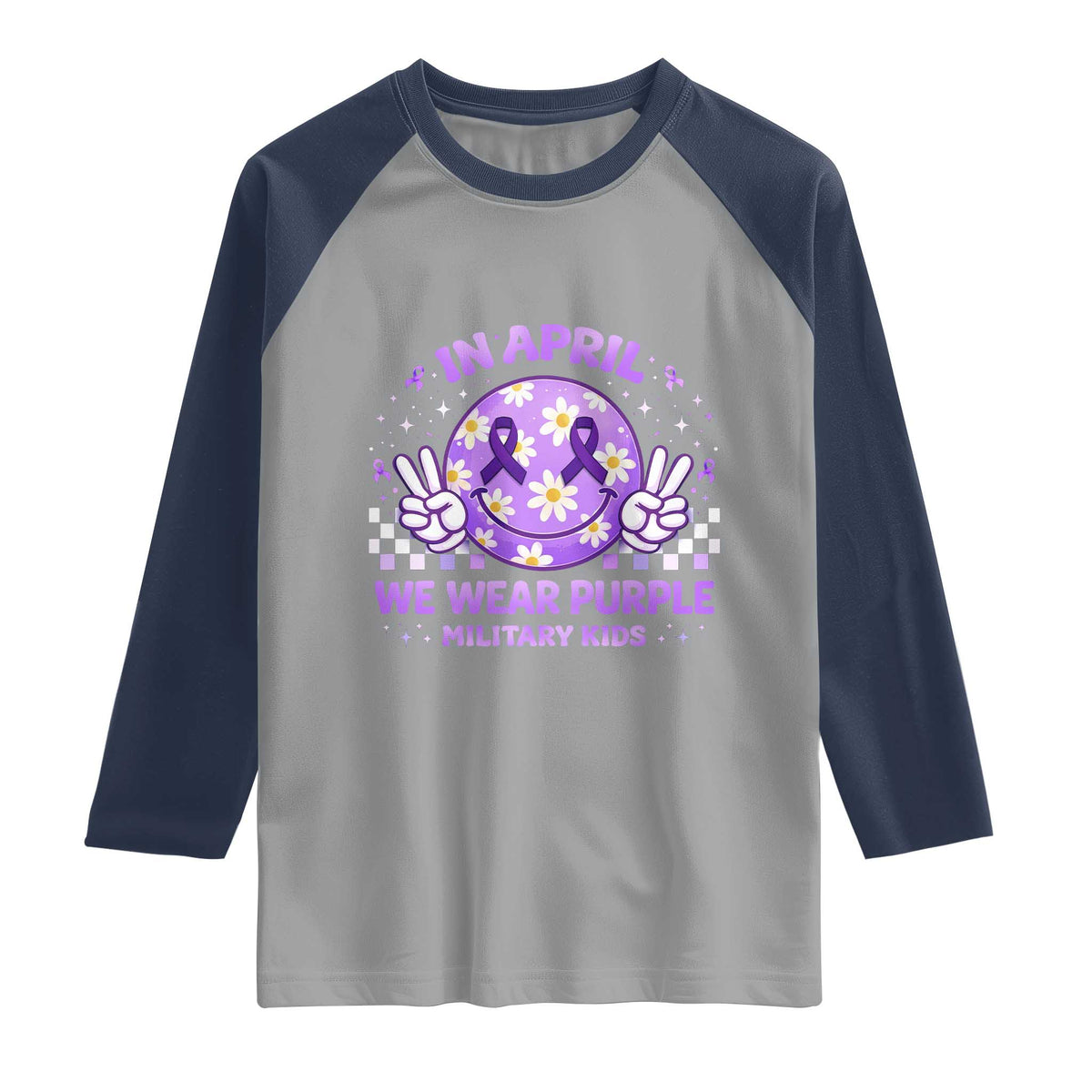 Proud Military Kids Raglan Shirt Groovy Smile Face In April We Wear Purple Military Child Month TS10 Sport Gray Navy Print Your Wear