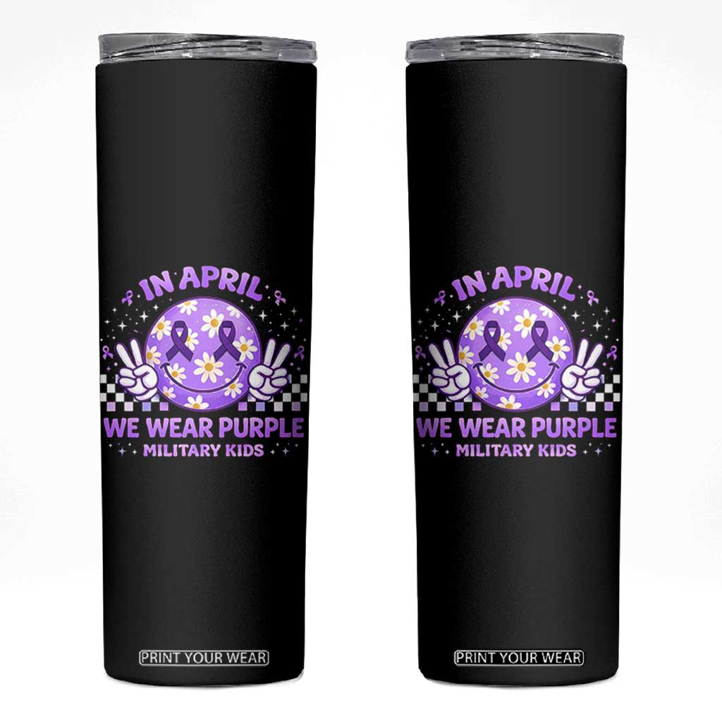 Proud Military Kids Skinny Tumbler Groovy Smile Face In April We Wear Purple Military Child Month TS10 Black Print Your Wear