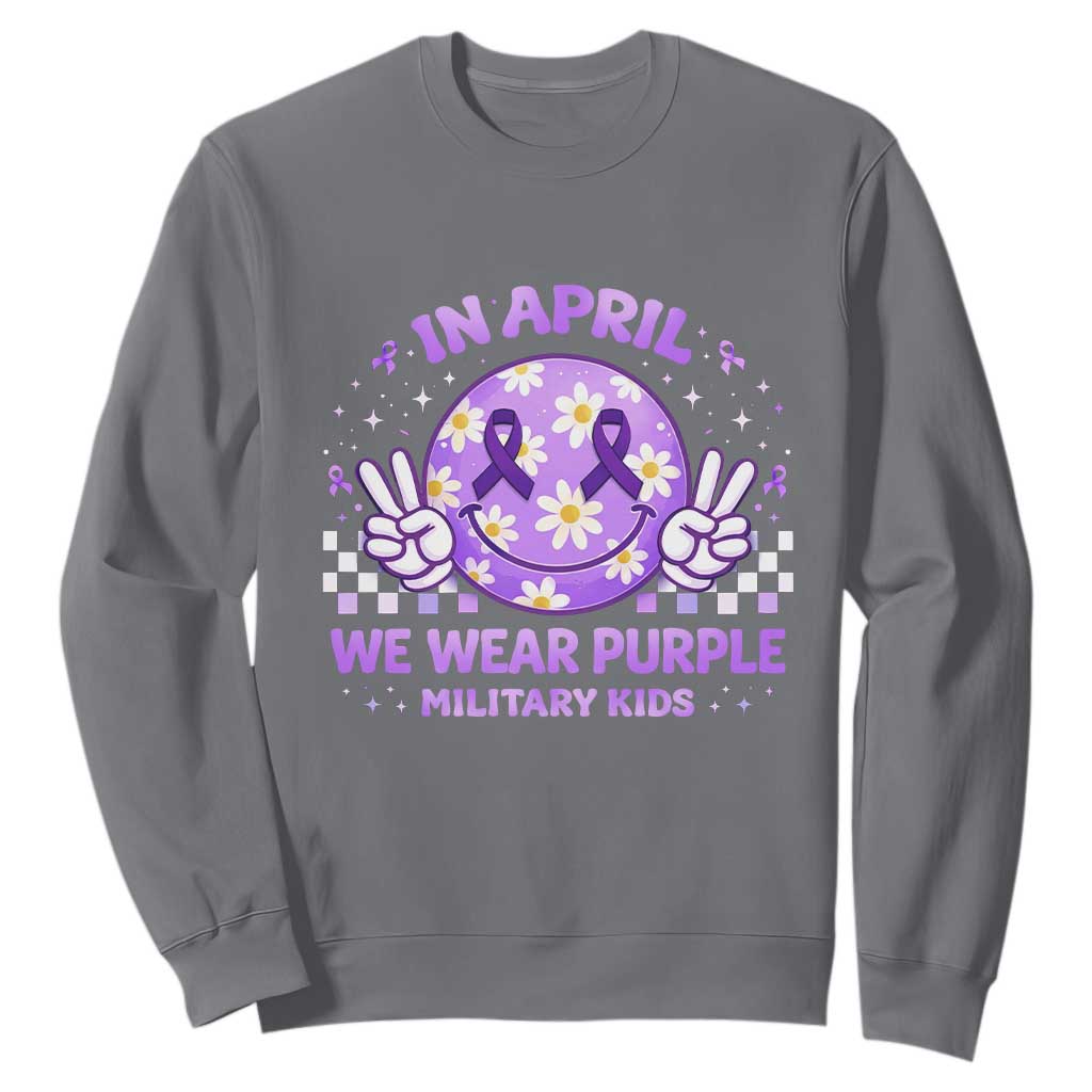 Proud Military Kids Sweatshirt Groovy Smile Face In April We Wear Purple Military Child Month TS10 Charcoal Print Your Wear