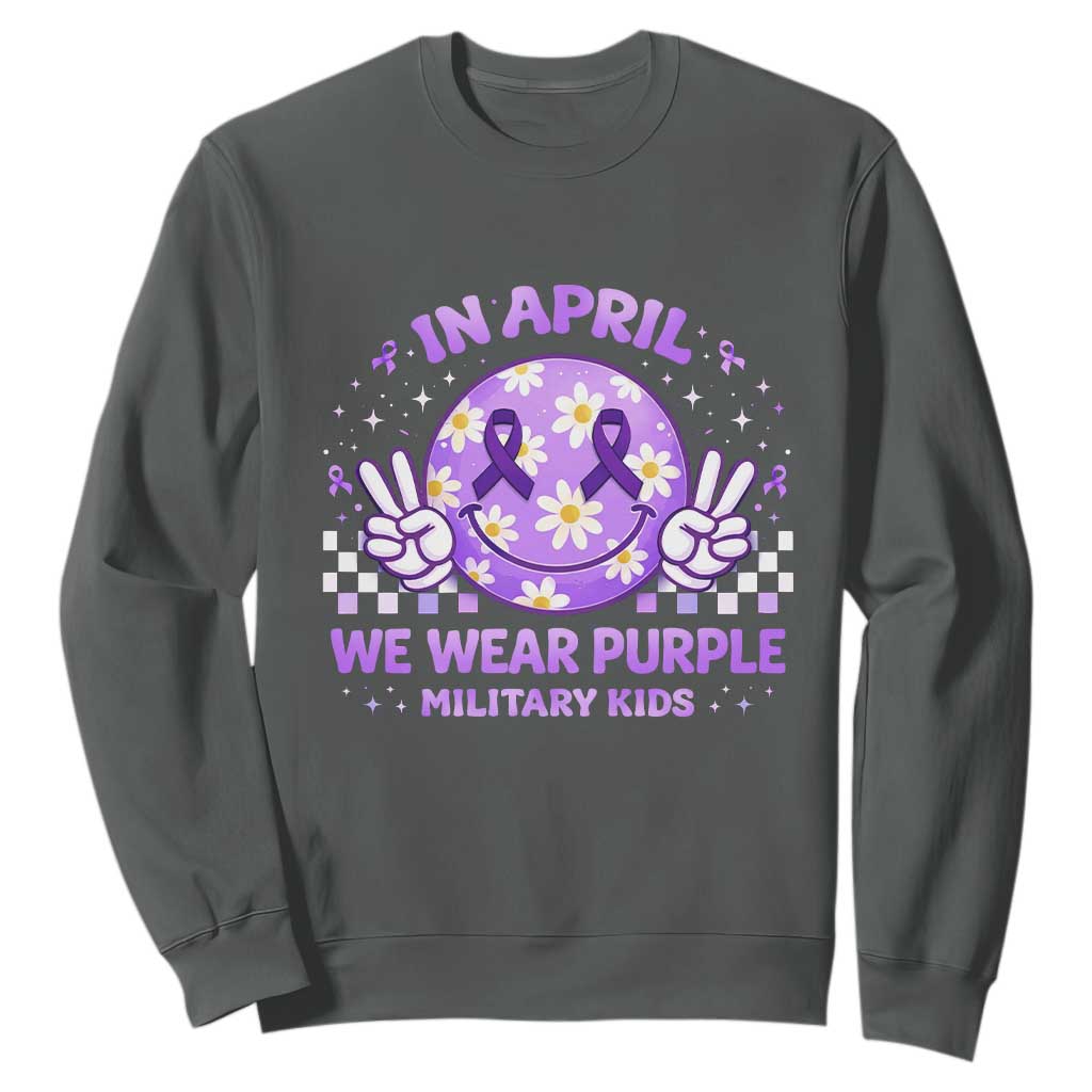 Proud Military Kids Sweatshirt Groovy Smile Face In April We Wear Purple Military Child Month TS10 Dark Heather Print Your Wear