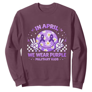 Proud Military Kids Sweatshirt Groovy Smile Face In April We Wear Purple Military Child Month TS10 Maroon Print Your Wear