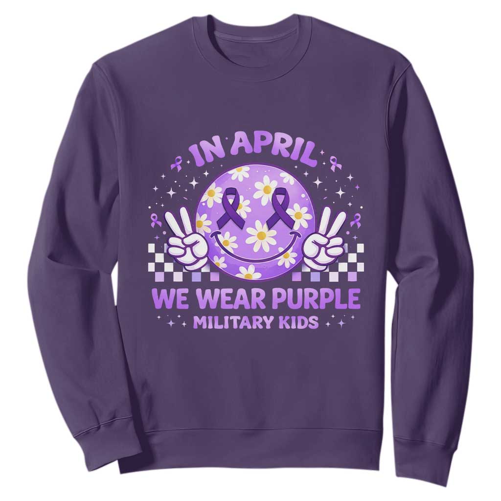 Proud Military Kids Sweatshirt Groovy Smile Face In April We Wear Purple Military Child Month TS10 Purple Print Your Wear