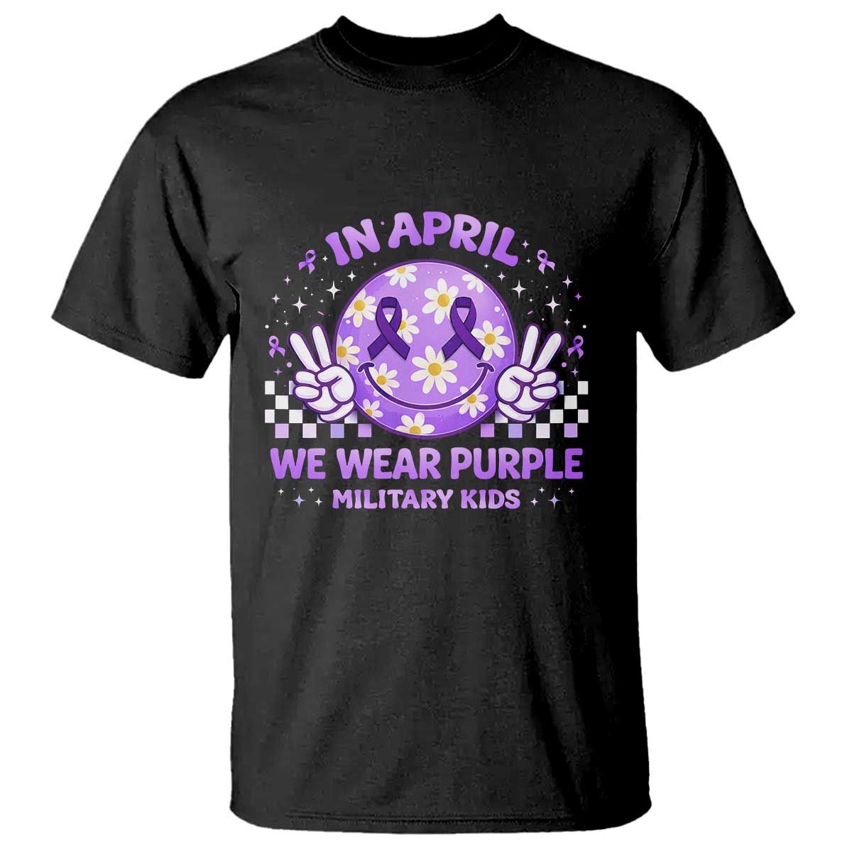 Proud Military Kids T Shirt Groovy Smile Face In April We Wear Purple Military Child Month TS10 Black Print Your Wear