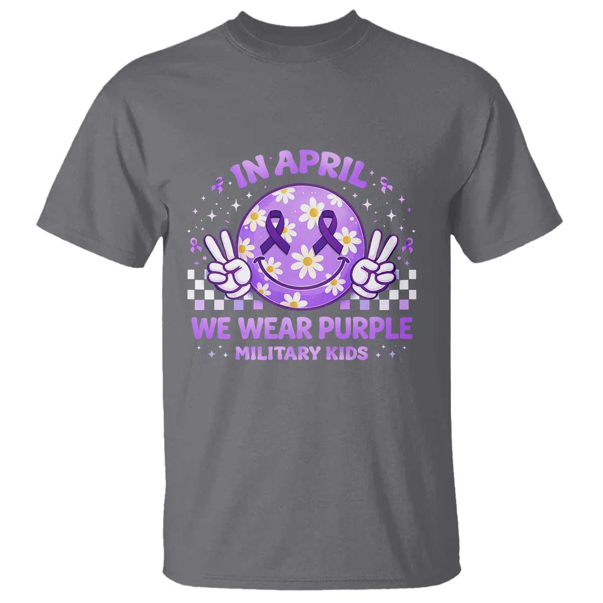 Proud Military Kids T Shirt Groovy Smile Face In April We Wear Purple Military Child Month TS10 Charcoal Print Your Wear