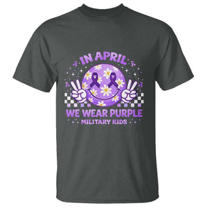 Proud Military Kids T Shirt Groovy Smile Face In April We Wear Purple Military Child Month TS10 Dark Heather Print Your Wear
