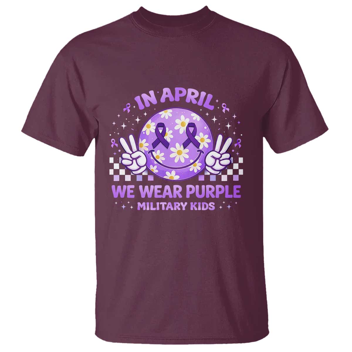 Proud Military Kids T Shirt Groovy Smile Face In April We Wear Purple Military Child Month TS10 Maroon Print Your Wear