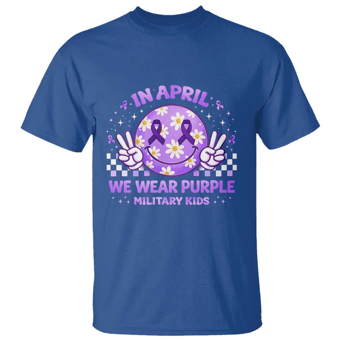 Proud Military Kids T Shirt Groovy Smile Face In April We Wear Purple Military Child Month TS10 Royal Blue Print Your Wear