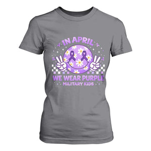 Proud Military Kids T Shirt For Women Groovy Smile Face In April We Wear Purple Military Child Month TS10 Charcoal Print Your Wear