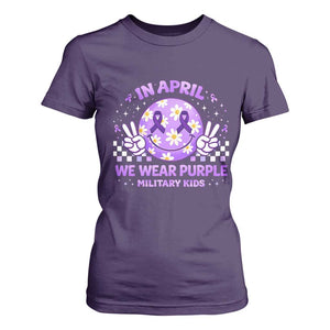 Proud Military Kids T Shirt For Women Groovy Smile Face In April We Wear Purple Military Child Month TS10 Purple Print Your Wear