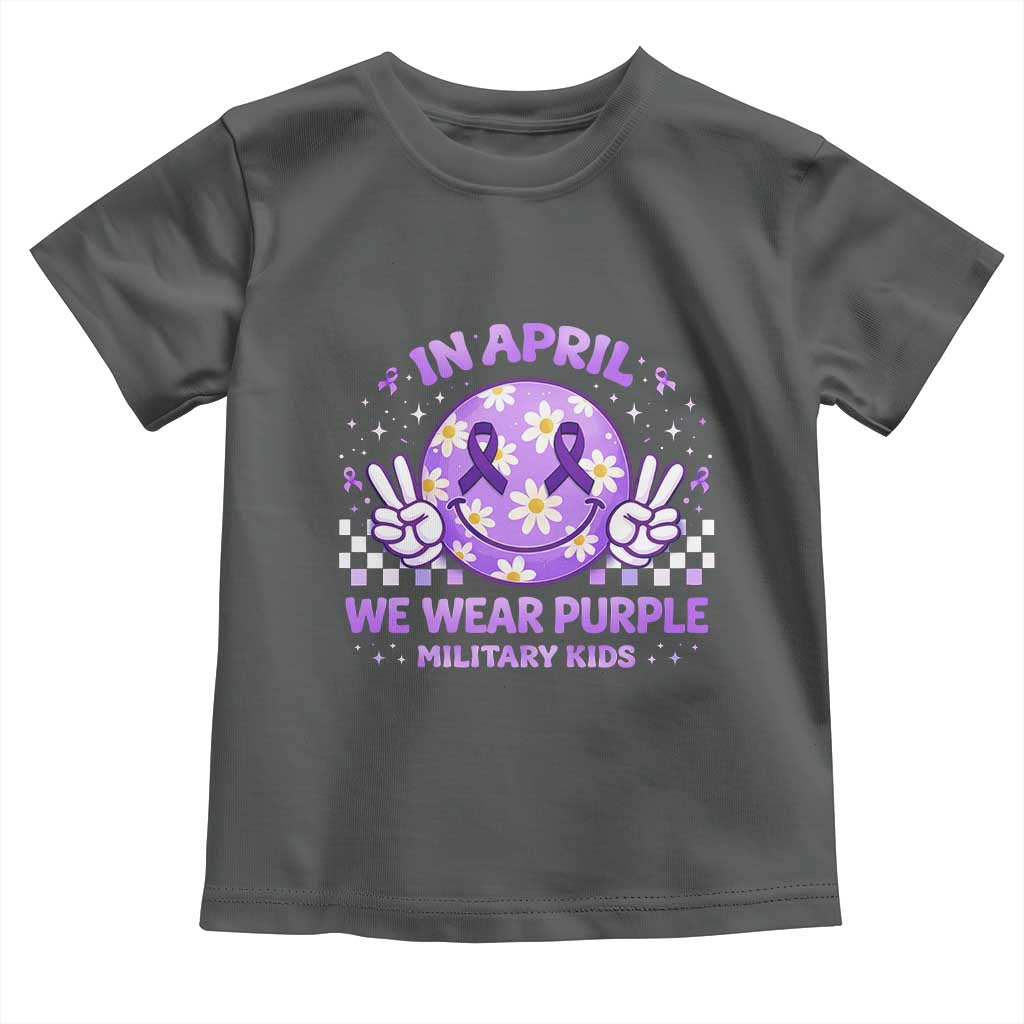 Proud Military Kids Toddler T Shirt Groovy Smile Face In April We Wear Purple Military Child Month TS10 Dark Heather Print Your Wear