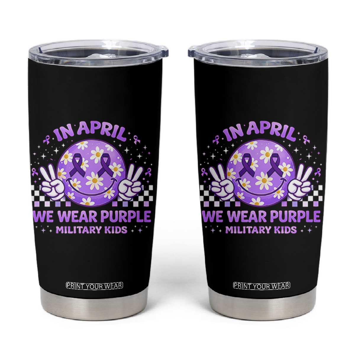 Proud Military Kids Tumbler Cup Groovy Smile Face In April We Wear Purple Military Child Month TS10 Black Print Your Wear