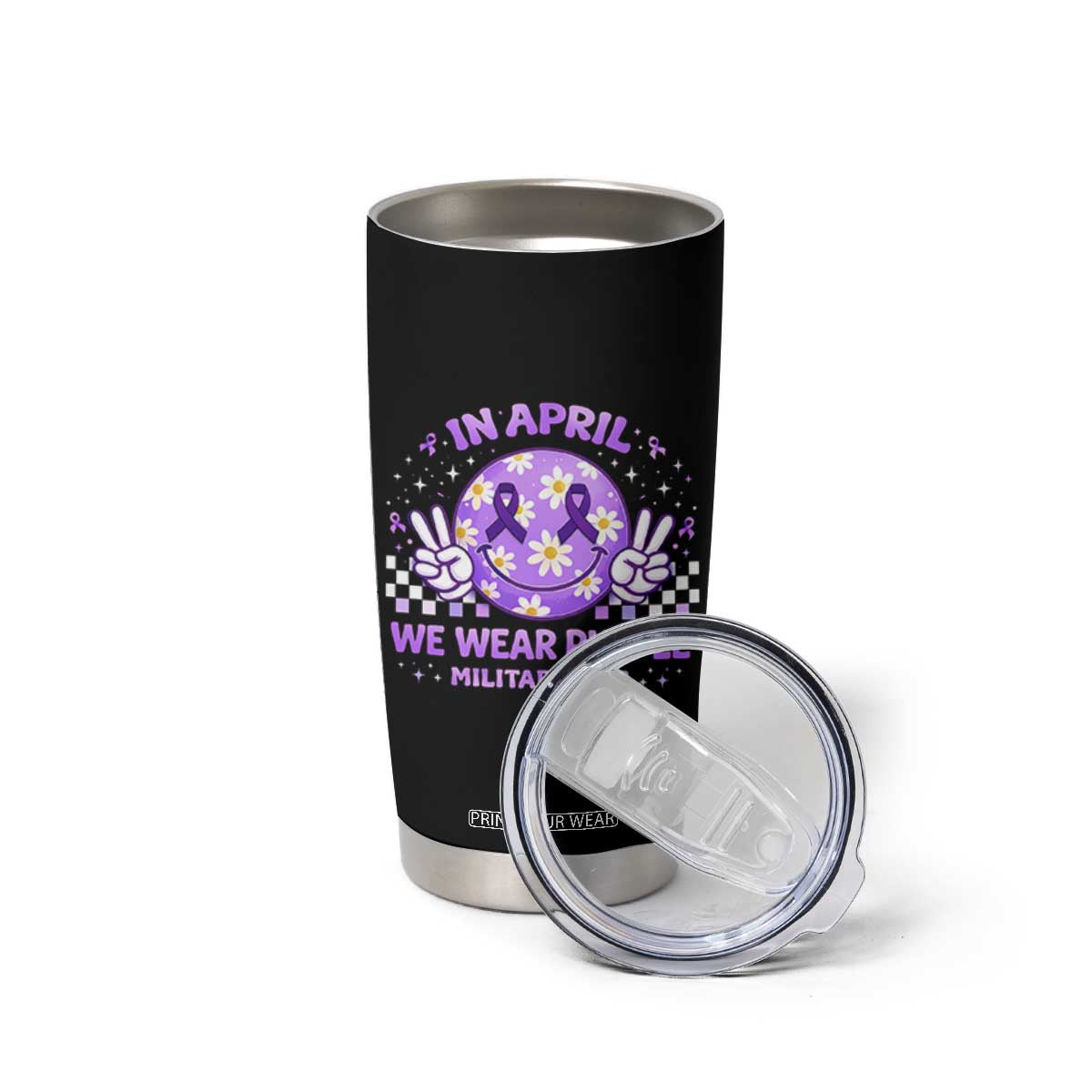 Proud Military Kids Tumbler Cup Groovy Smile Face In April We Wear Purple Military Child Month TS10 Print Your Wear