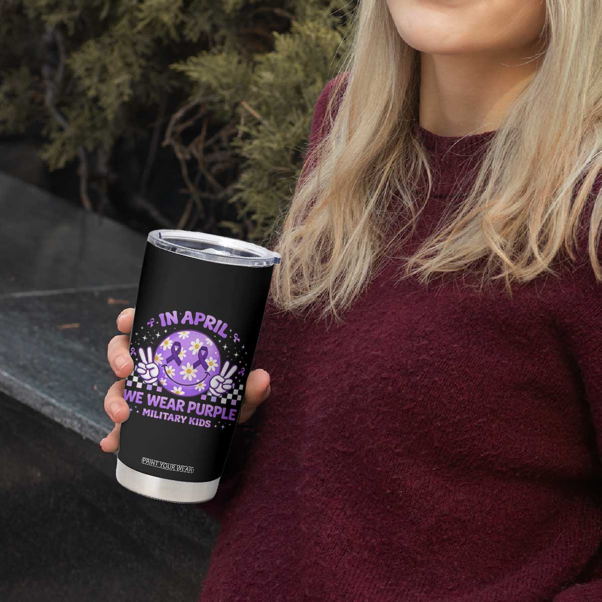 Proud Military Kids Tumbler Cup Groovy Smile Face In April We Wear Purple Military Child Month TS10 Print Your Wear