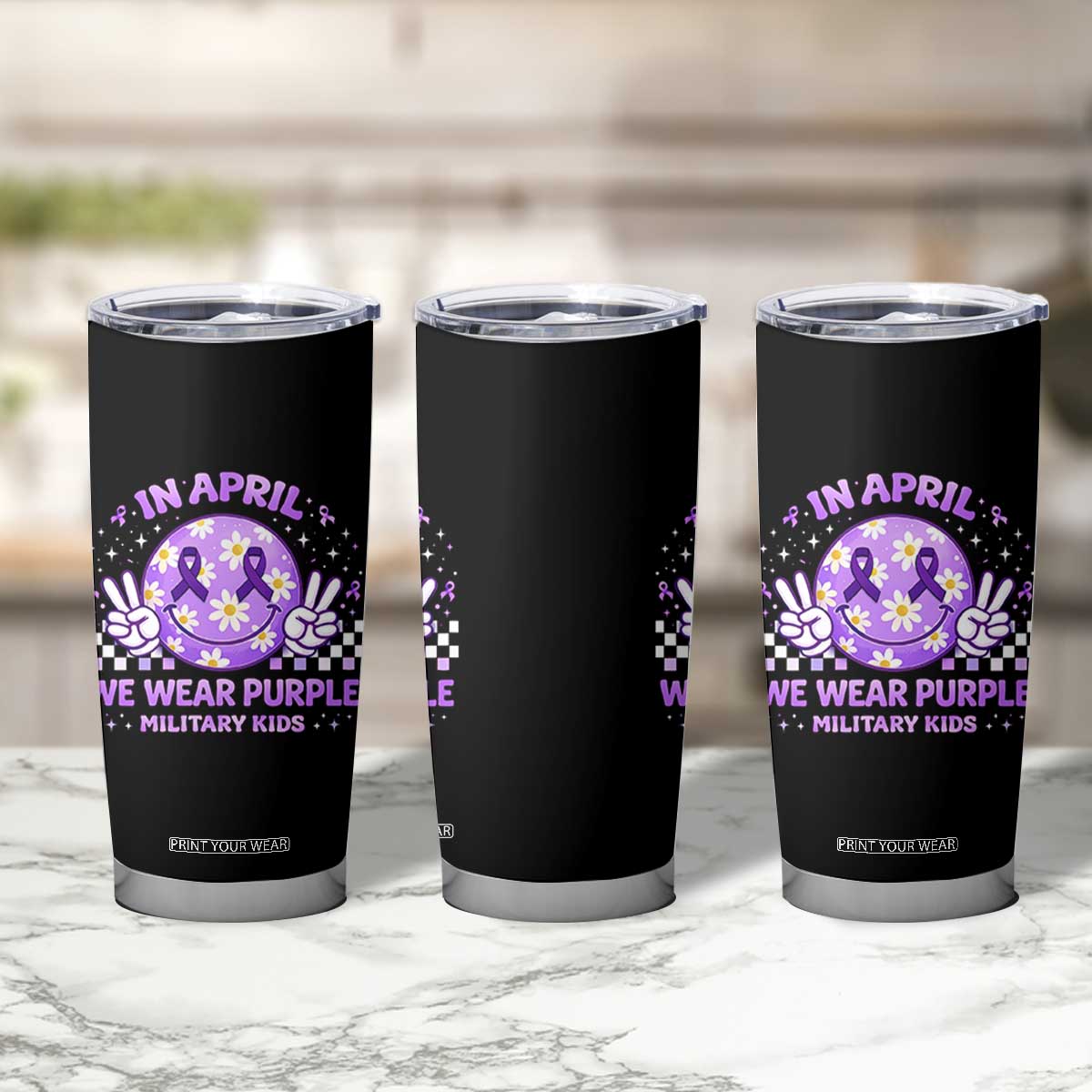 Proud Military Kids Tumbler Cup Groovy Smile Face In April We Wear Purple Military Child Month TS10 Print Your Wear