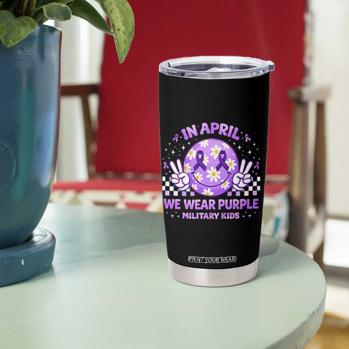Proud Military Kids Tumbler Cup Groovy Smile Face In April We Wear Purple Military Child Month TS10 Print Your Wear