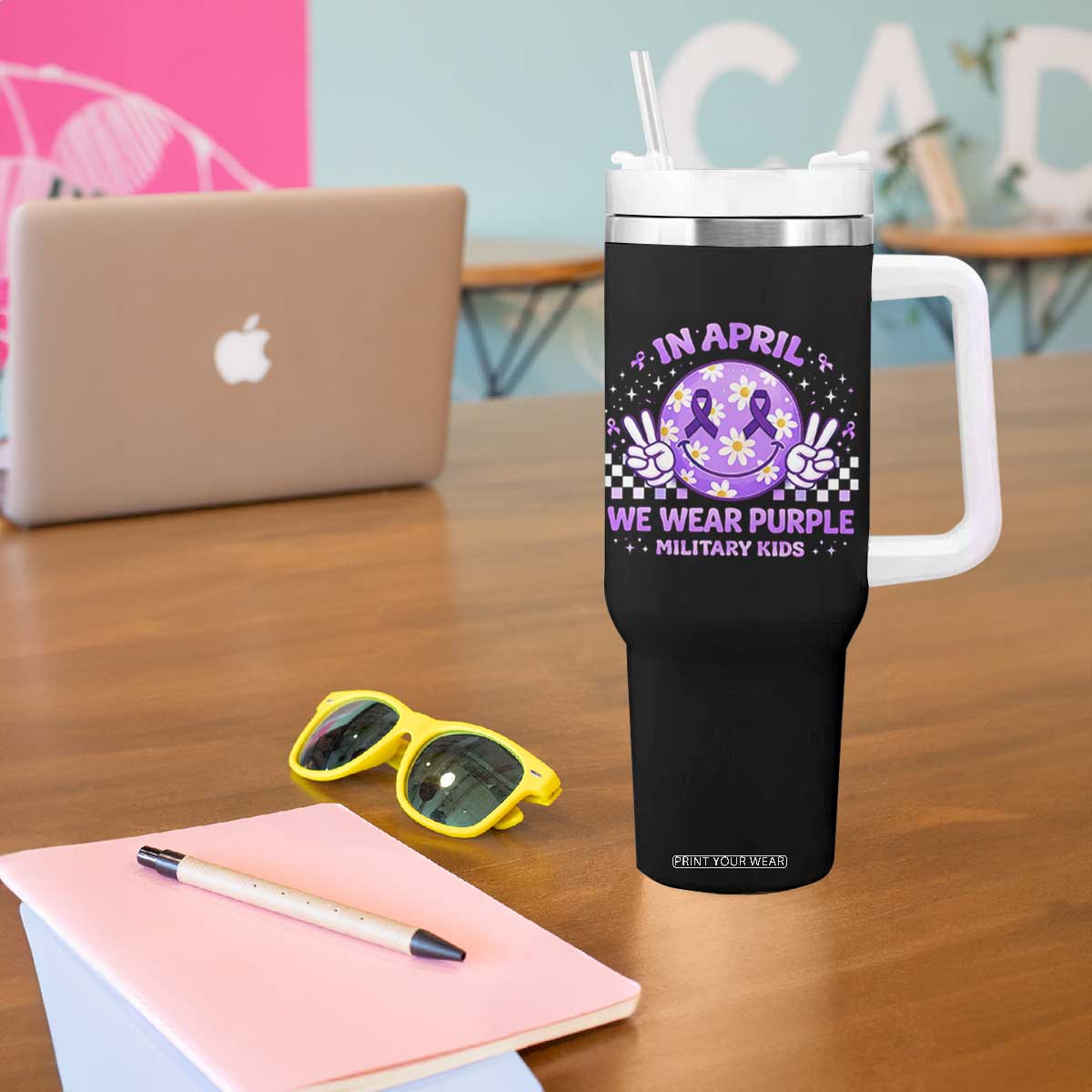 Proud Military Kids Tumbler With Handle Groovy Smile Face In April We Wear Purple Military Child Month TS10 Print Your Wear