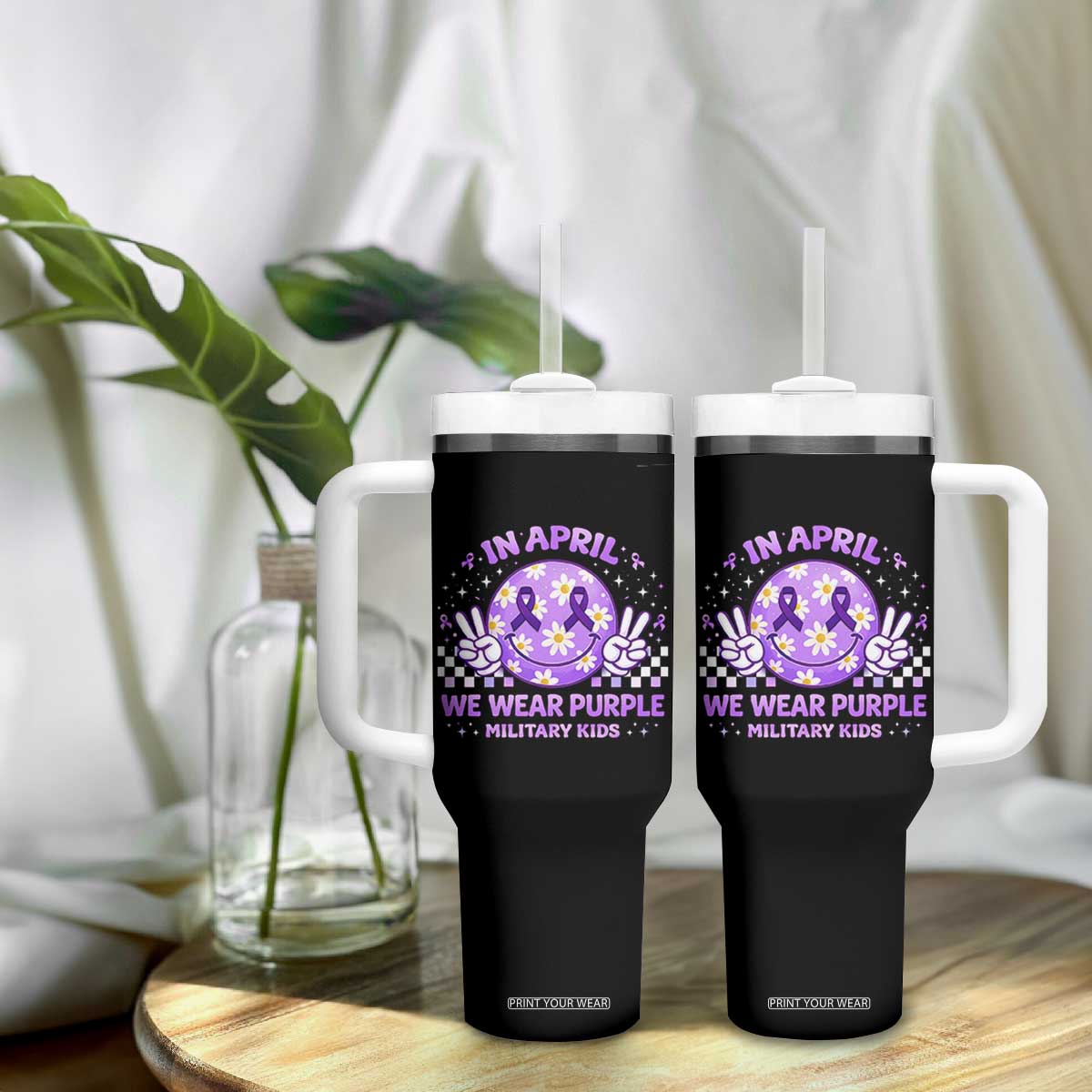 Proud Military Kids Tumbler With Handle Groovy Smile Face In April We Wear Purple Military Child Month TS10 Print Your Wear