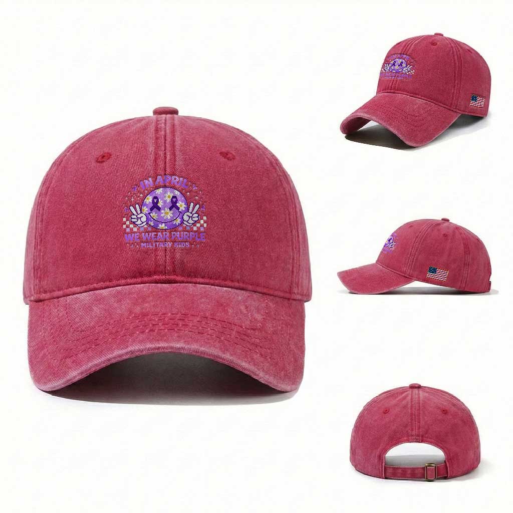 Proud Military Kids Washed Cotton Baseball Cap Groovy Smile Face In April We Wear Purple Military Child Month TS10 Washed Cap Universal Fit Red Print Your Wear