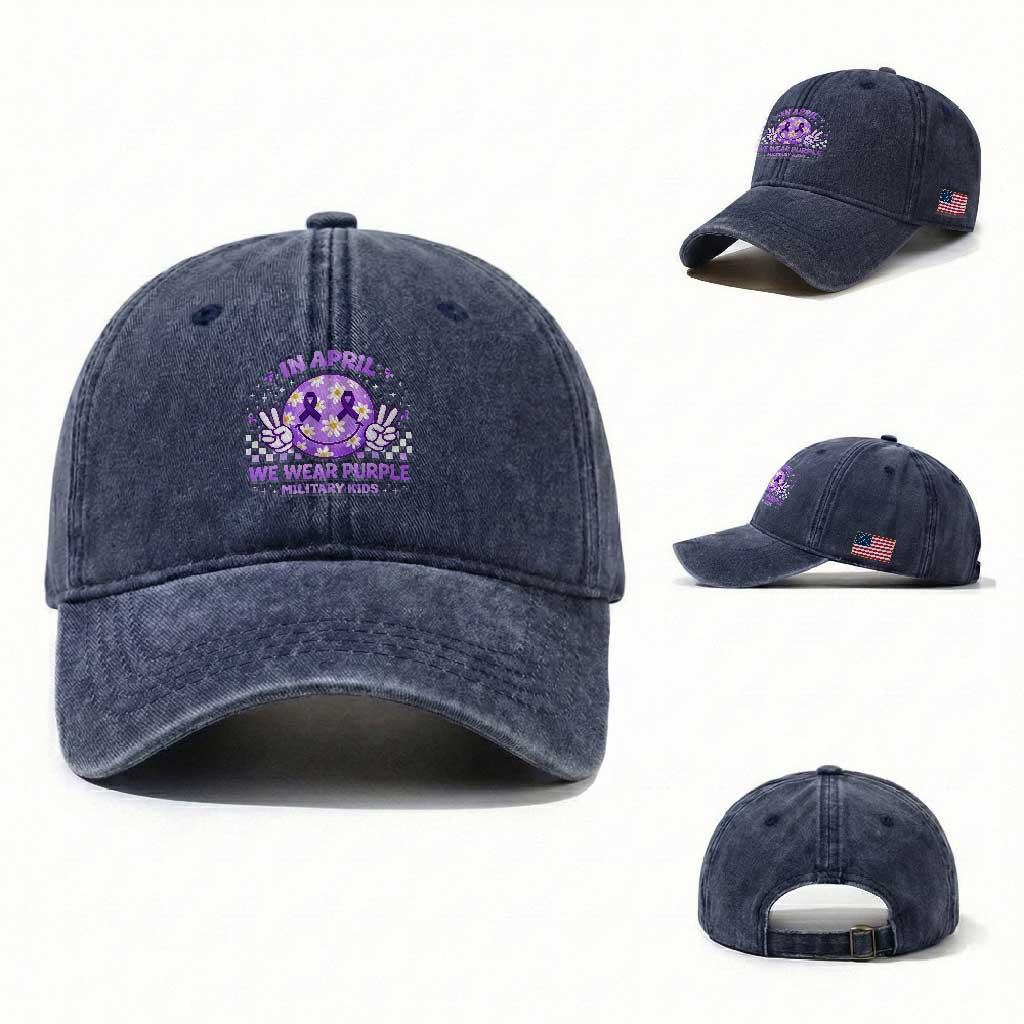 Proud Military Kids Washed Cotton Baseball Cap Groovy Smile Face In April We Wear Purple Military Child Month TS10 Washed Cap Universal Fit Navy Print Your Wear