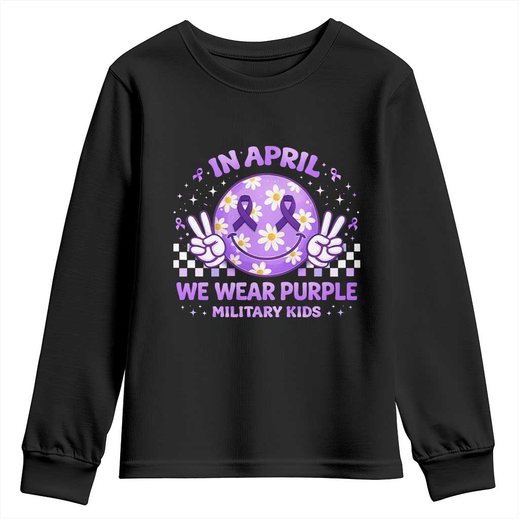 Proud Military Kids Youth Sweatshirt Groovy Smile Face In April We Wear Purple Military Child Month TS10 Black Print Your Wear