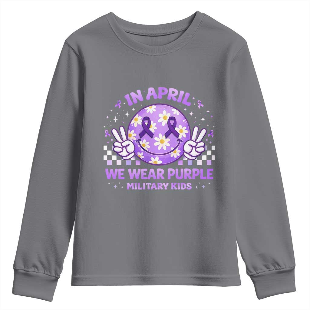 Proud Military Kids Youth Sweatshirt Groovy Smile Face In April We Wear Purple Military Child Month TS10 Charcoal Print Your Wear