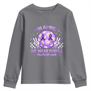 Proud Military Kids Youth Sweatshirt Groovy Smile Face In April We Wear Purple Military Child Month TS10 Charcoal Print Your Wear