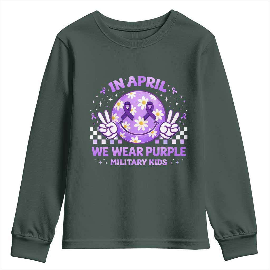 Proud Military Kids Youth Sweatshirt Groovy Smile Face In April We Wear Purple Military Child Month TS10 Dark Forest Green Print Your Wear