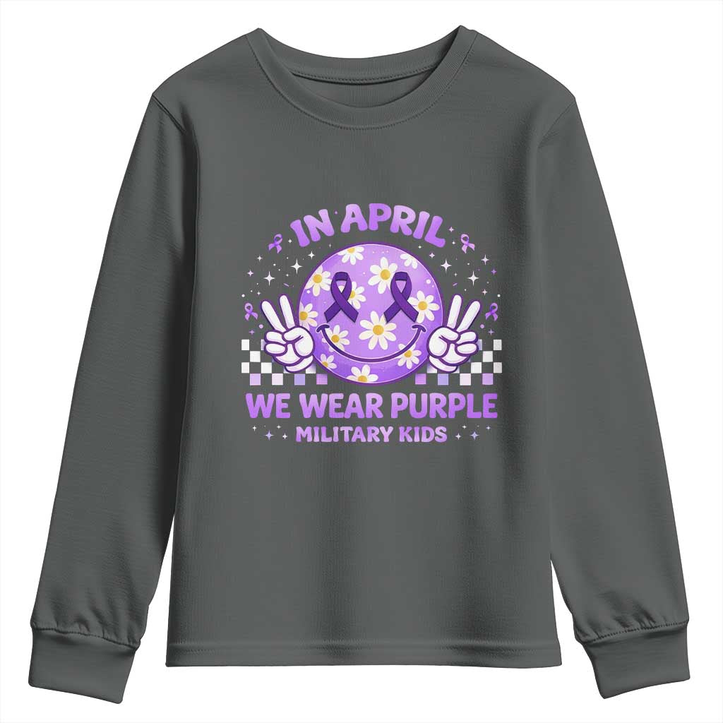 Proud Military Kids Youth Sweatshirt Groovy Smile Face In April We Wear Purple Military Child Month TS10 Dark Heather Print Your Wear