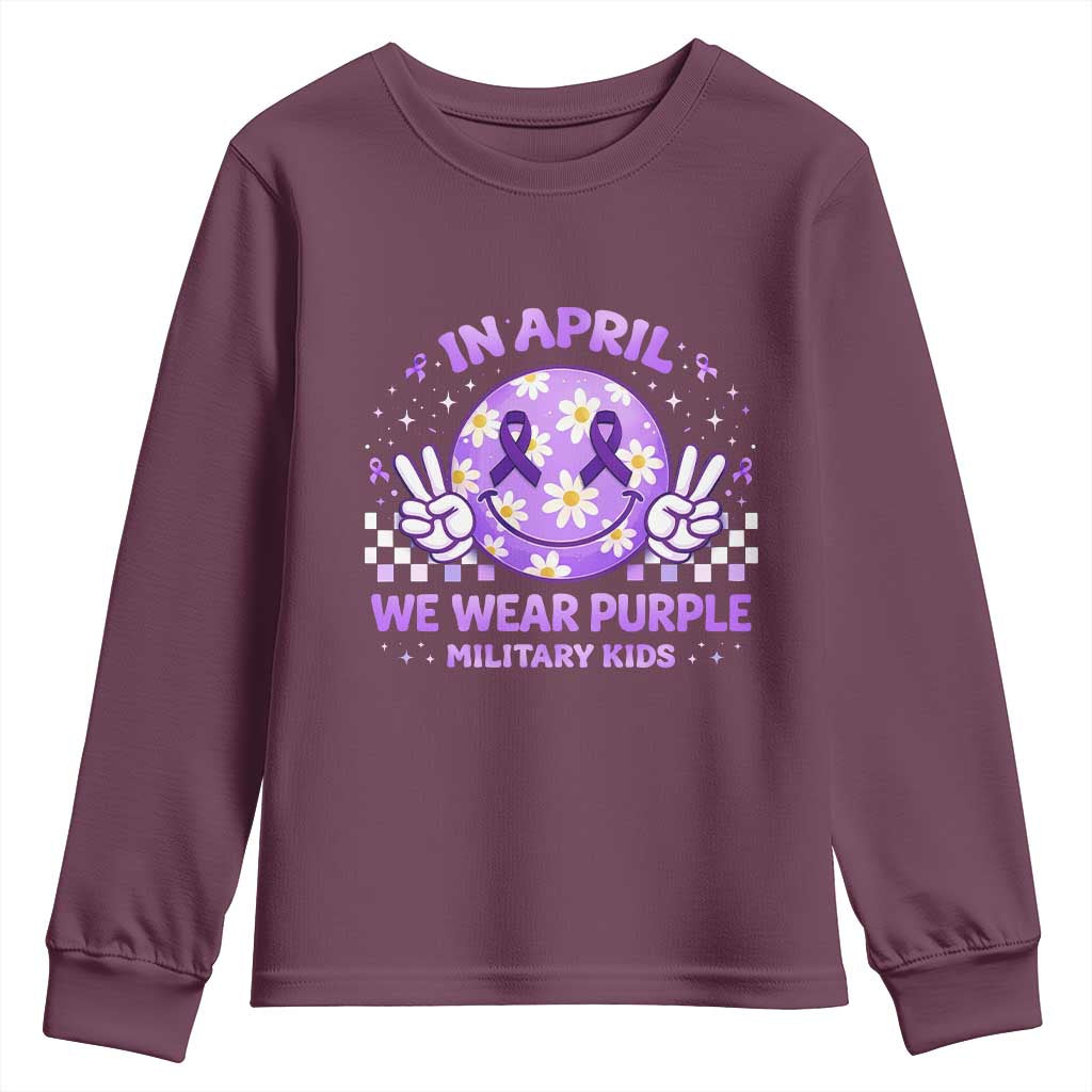 Proud Military Kids Youth Sweatshirt Groovy Smile Face In April We Wear Purple Military Child Month TS10 Maroon Print Your Wear