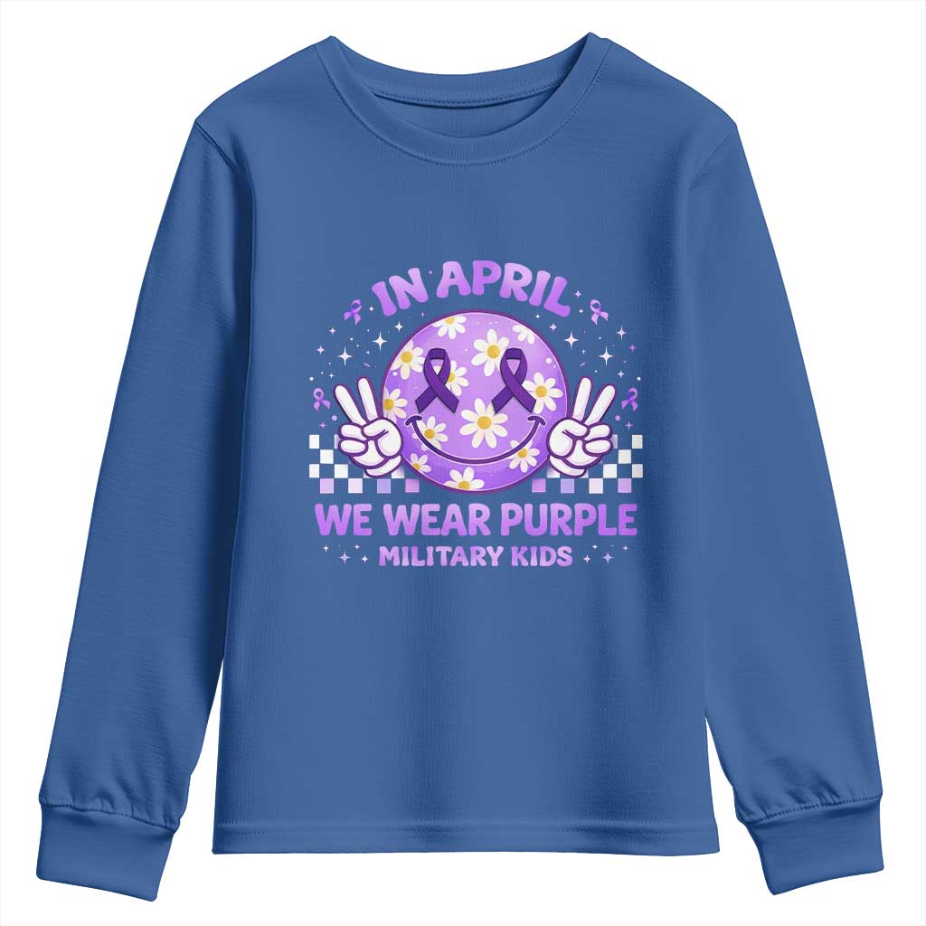 Proud Military Kids Youth Sweatshirt Groovy Smile Face In April We Wear Purple Military Child Month TS10 Royal Blue Print Your Wear