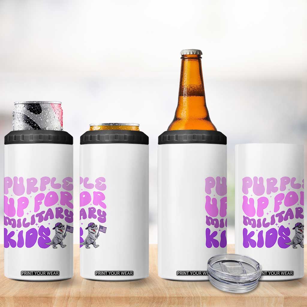 Purple Up For Military Kids 4 in 1 Can Cooler Tumbler Groovy Dino Dinosaur Military Child Month TS10 Print Your Wear