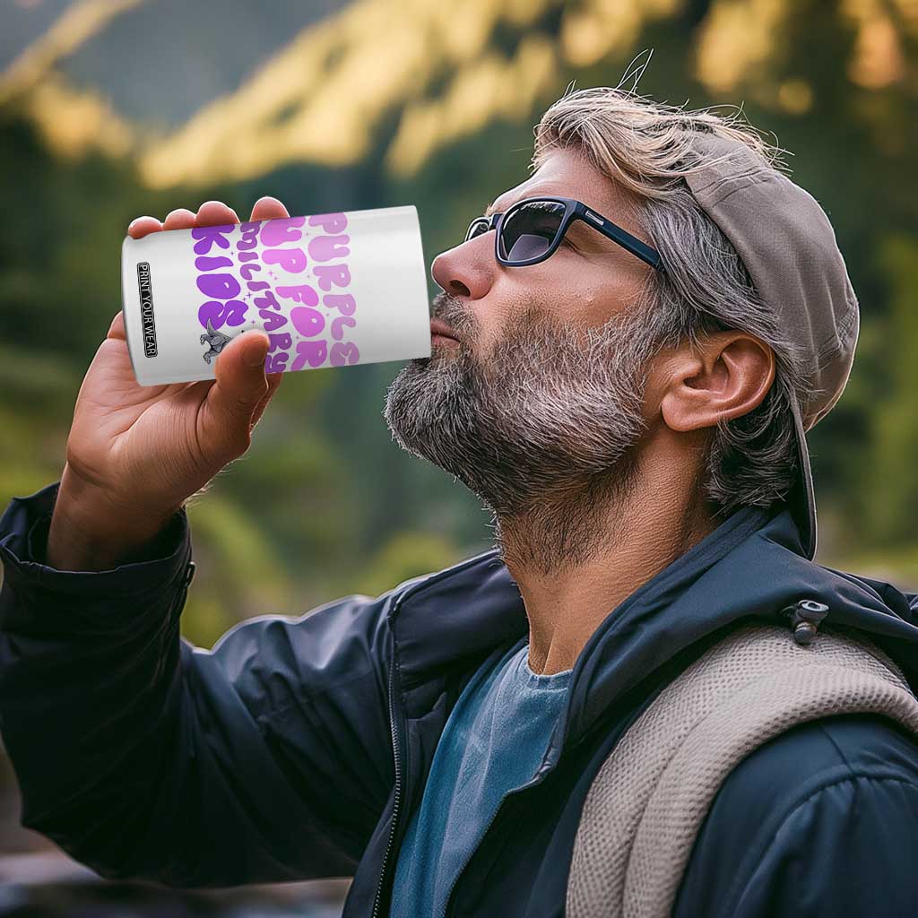 Purple Up For Military Kids 4 in 1 Can Cooler Tumbler Groovy Dino Dinosaur Military Child Month TS10 Print Your Wear