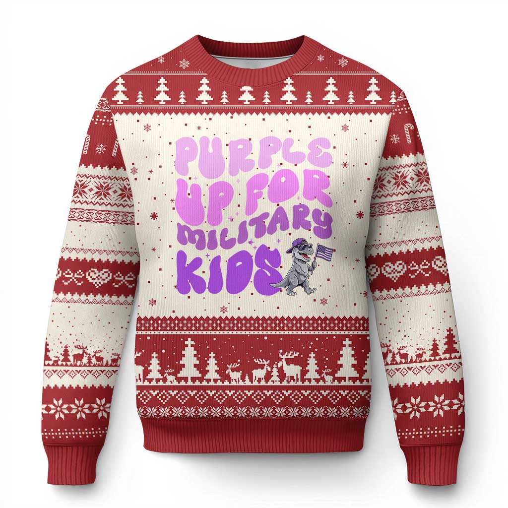 Purple Up For Military Kids Ugly Christmas Sweater Groovy Dino Dinosaur Military Child Month TS10 Beige Red Print Your Wear