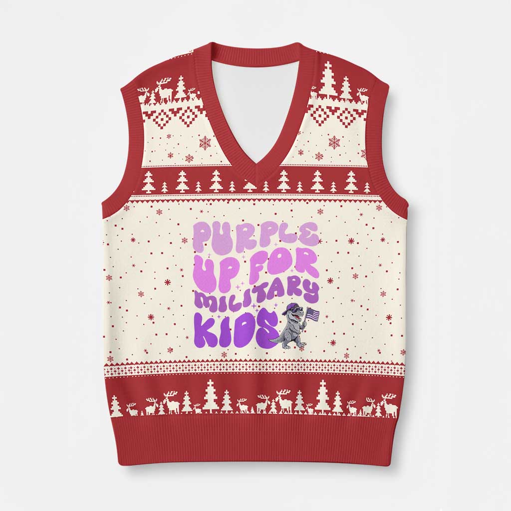 Purple Up For Military Kids V-Neck Knit Sweater Vest Groovy Dino Dinosaur Military Child Month TS10 Beige Red Print Your Wear