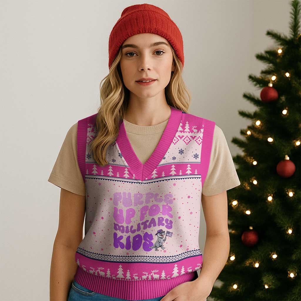 Purple Up For Military Kids V-Neck Knit Sweater Vest Groovy Dino Dinosaur Military Child Month TS10 Hot Pink Print Your Wear