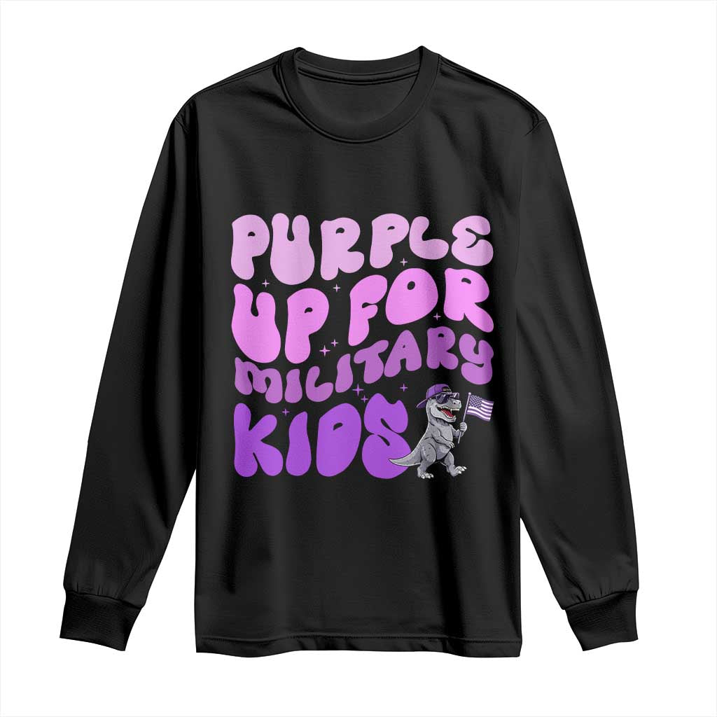 Purple Up For Military Kids Long Sleeve Shirt Groovy Dino Dinosaur Military Child Month TS10 Black Print Your Wear