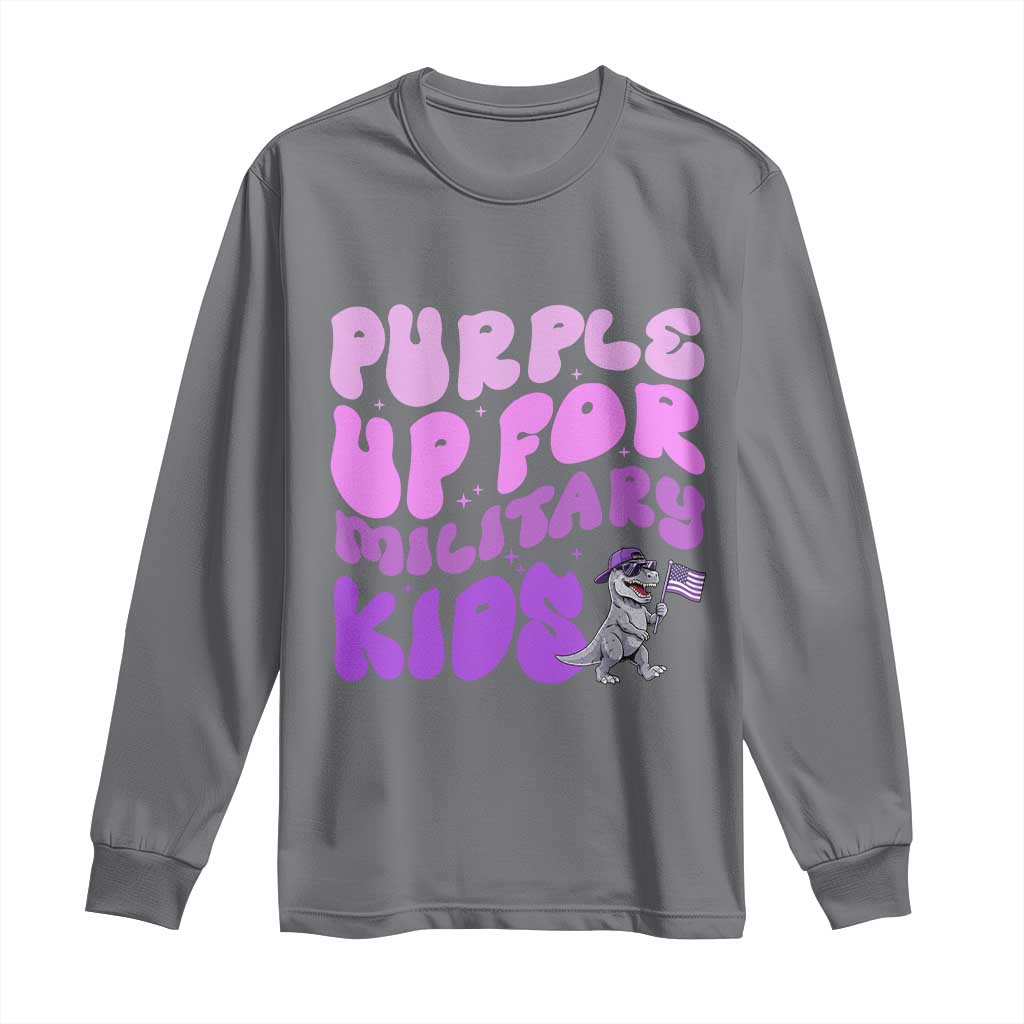 Purple Up For Military Kids Long Sleeve Shirt Groovy Dino Dinosaur Military Child Month TS10 Charcoal Print Your Wear