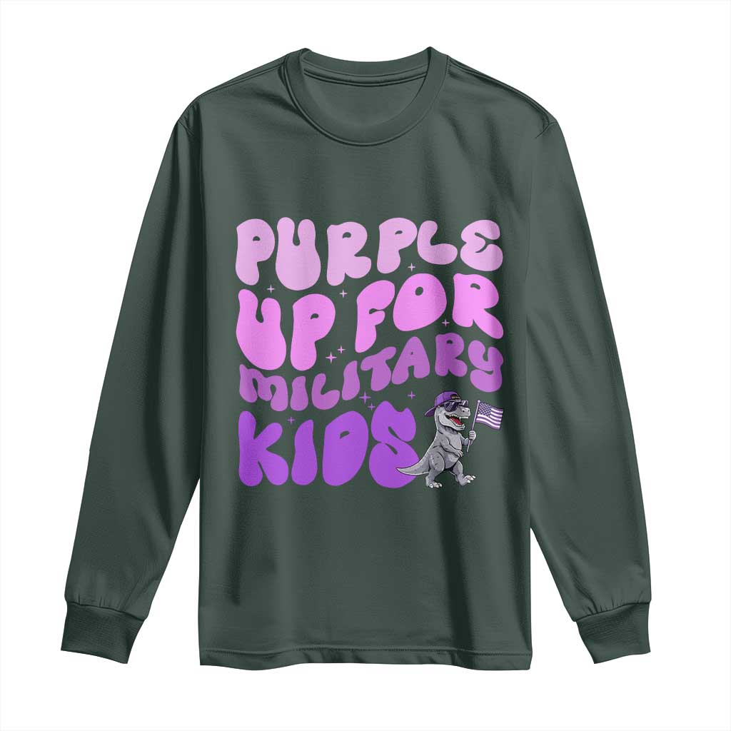 Purple Up For Military Kids Long Sleeve Shirt Groovy Dino Dinosaur Military Child Month TS10 Dark Forest Green Print Your Wear