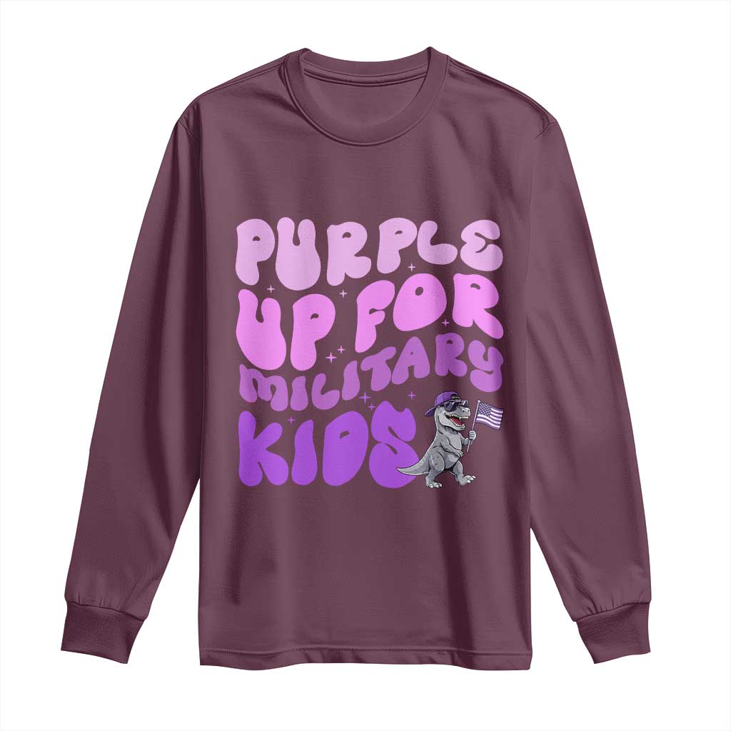 Purple Up For Military Kids Long Sleeve Shirt Groovy Dino Dinosaur Military Child Month TS10 Maroon Print Your Wear