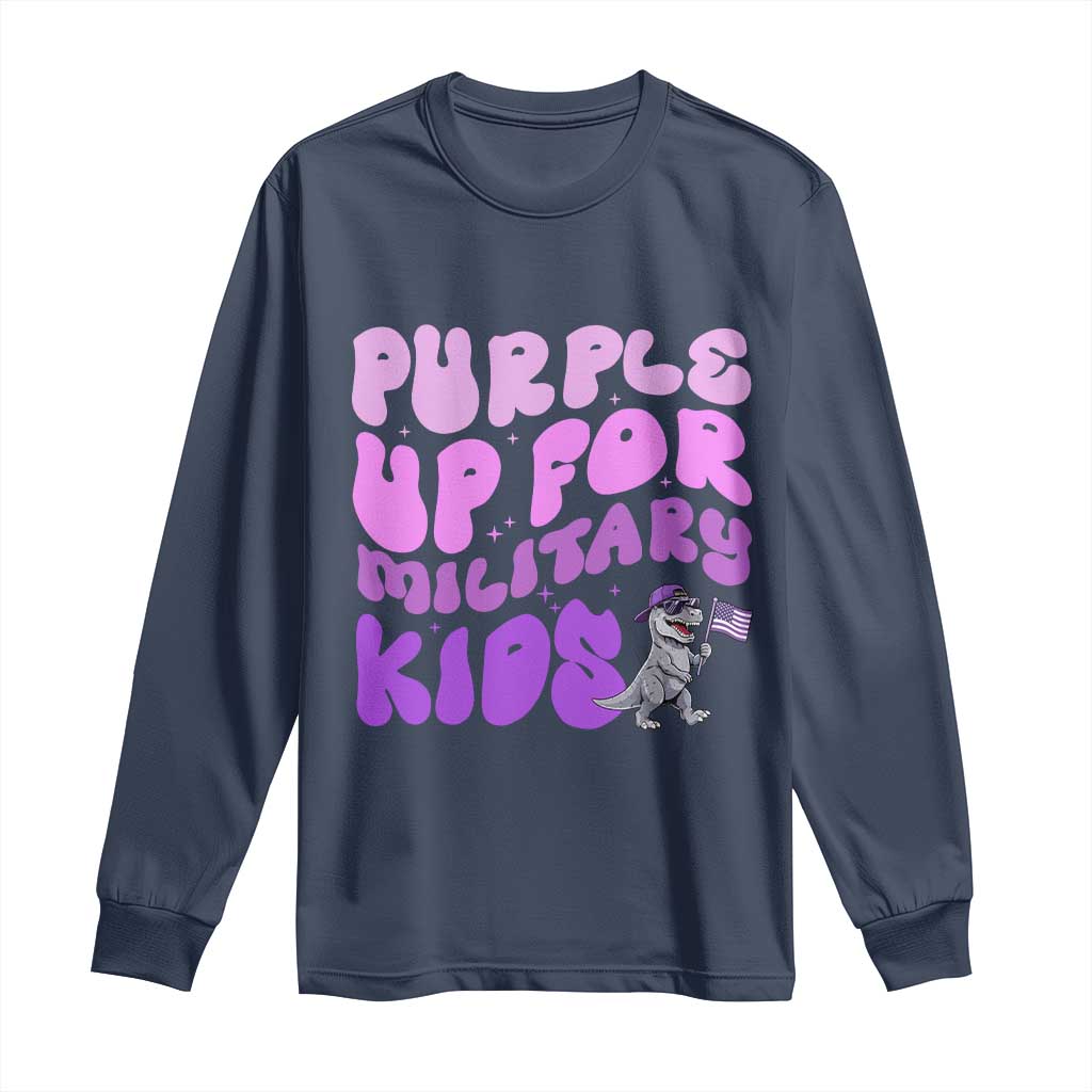 Purple Up For Military Kids Long Sleeve Shirt Groovy Dino Dinosaur Military Child Month TS10 Navy Print Your Wear