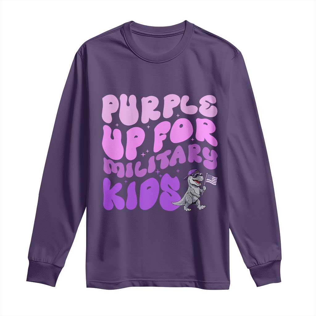 Purple Up For Military Kids Long Sleeve Shirt Groovy Dino Dinosaur Military Child Month TS10 Purple Print Your Wear