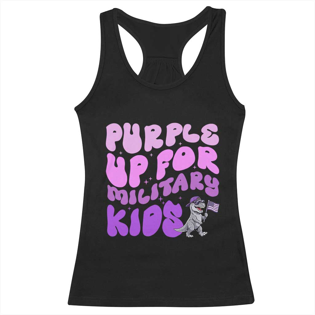 Purple Up For Military Kids Racerback Tank Top Groovy Dino Dinosaur Military Child Month TS10 Black Print Your Wear