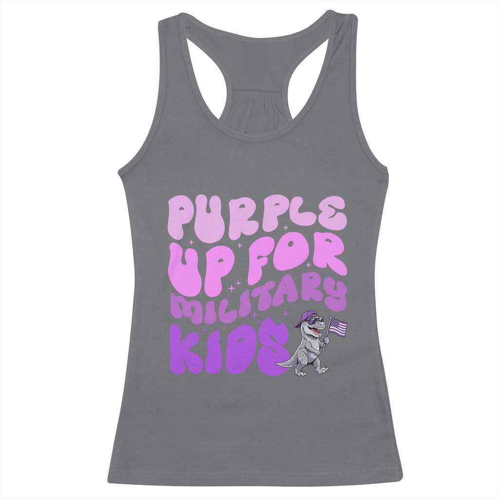 Purple Up For Military Kids Racerback Tank Top Groovy Dino Dinosaur Military Child Month TS10 Charcoal Print Your Wear