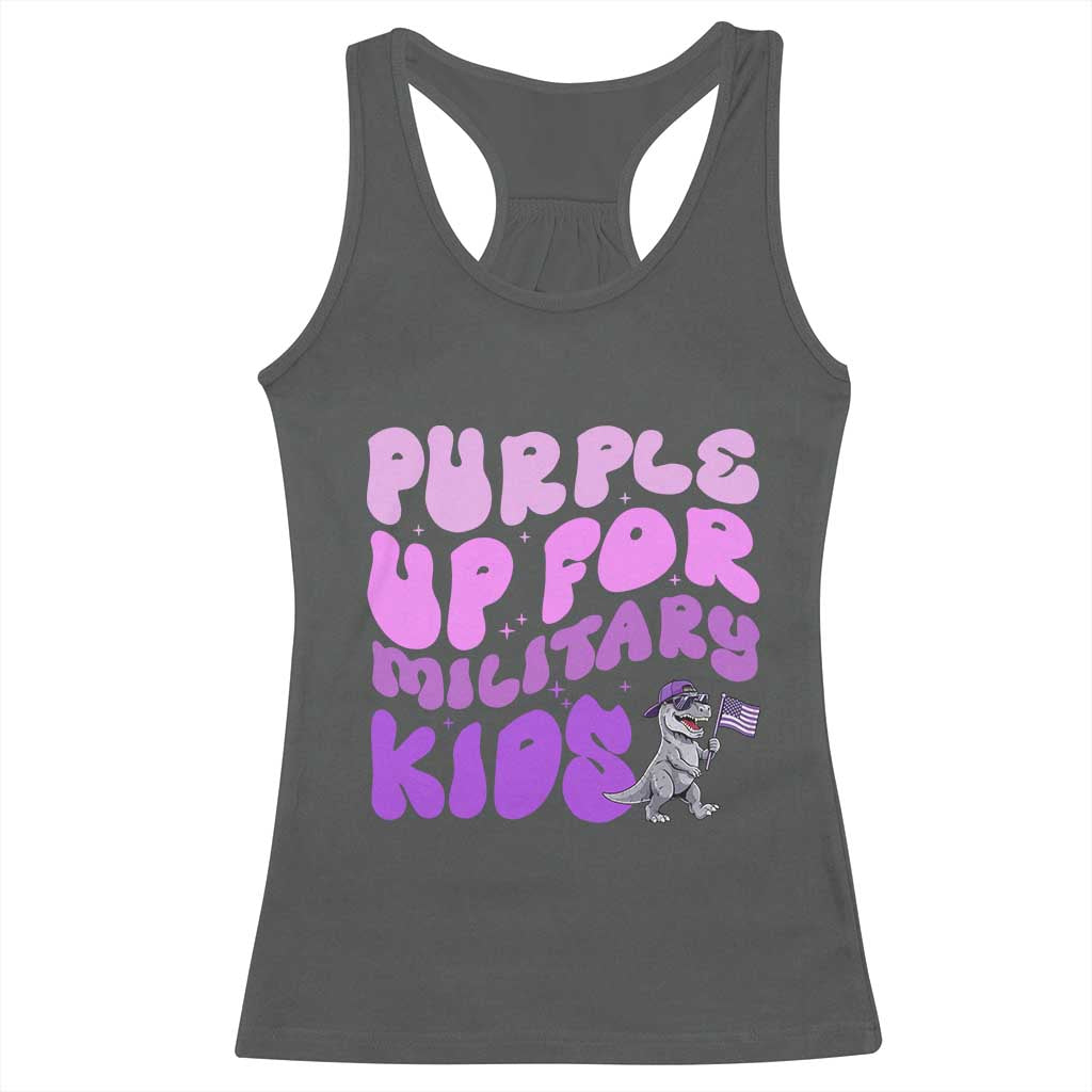 Purple Up For Military Kids Racerback Tank Top Groovy Dino Dinosaur Military Child Month TS10 Dark Heather Print Your Wear