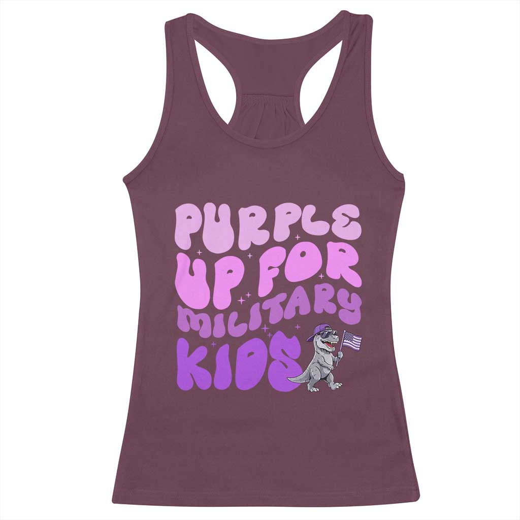 Purple Up For Military Kids Racerback Tank Top Groovy Dino Dinosaur Military Child Month TS10 Maroon Print Your Wear