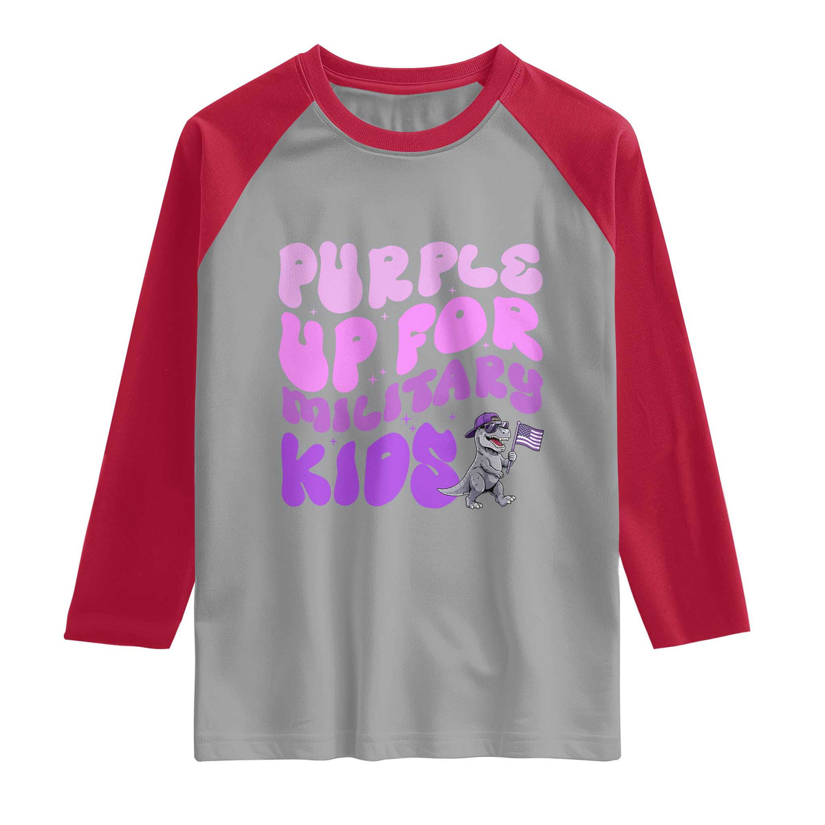 Purple Up For Military Kids Raglan Shirt Groovy Dino Dinosaur Military Child Month TS10 Sport Gray Red Print Your Wear