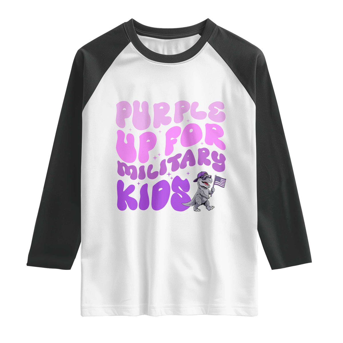 Purple Up For Military Kids Raglan Shirt Groovy Dino Dinosaur Military Child Month TS10 White Black Print Your Wear