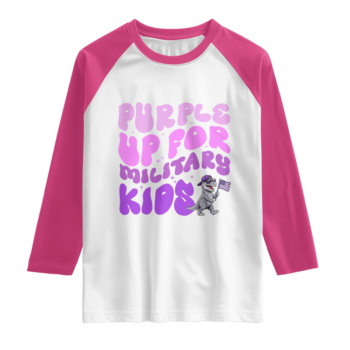 Purple Up For Military Kids Raglan Shirt Groovy Dino Dinosaur Military Child Month TS10 White Heliconia Print Your Wear