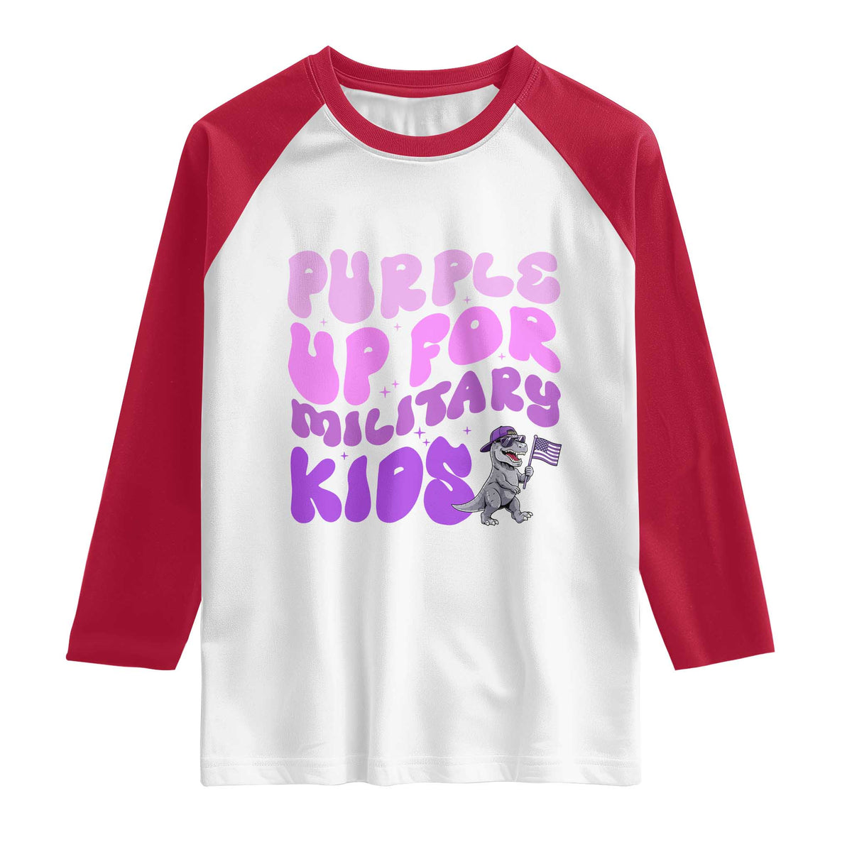 Purple Up For Military Kids Raglan Shirt Groovy Dino Dinosaur Military Child Month TS10 White Red Print Your Wear
